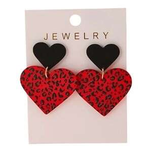 Vintage Style leapard print Red & Black Heart Acrylic Drop & Dangle Earrings